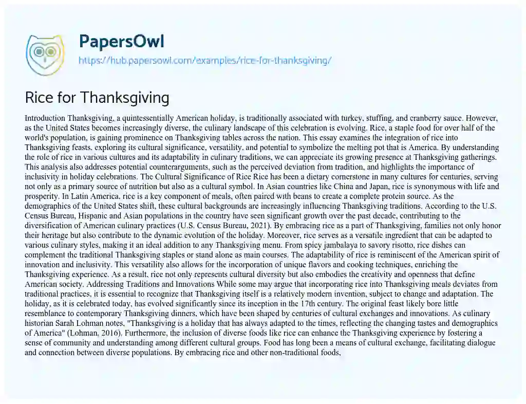 Essay on Rice for Thanksgiving