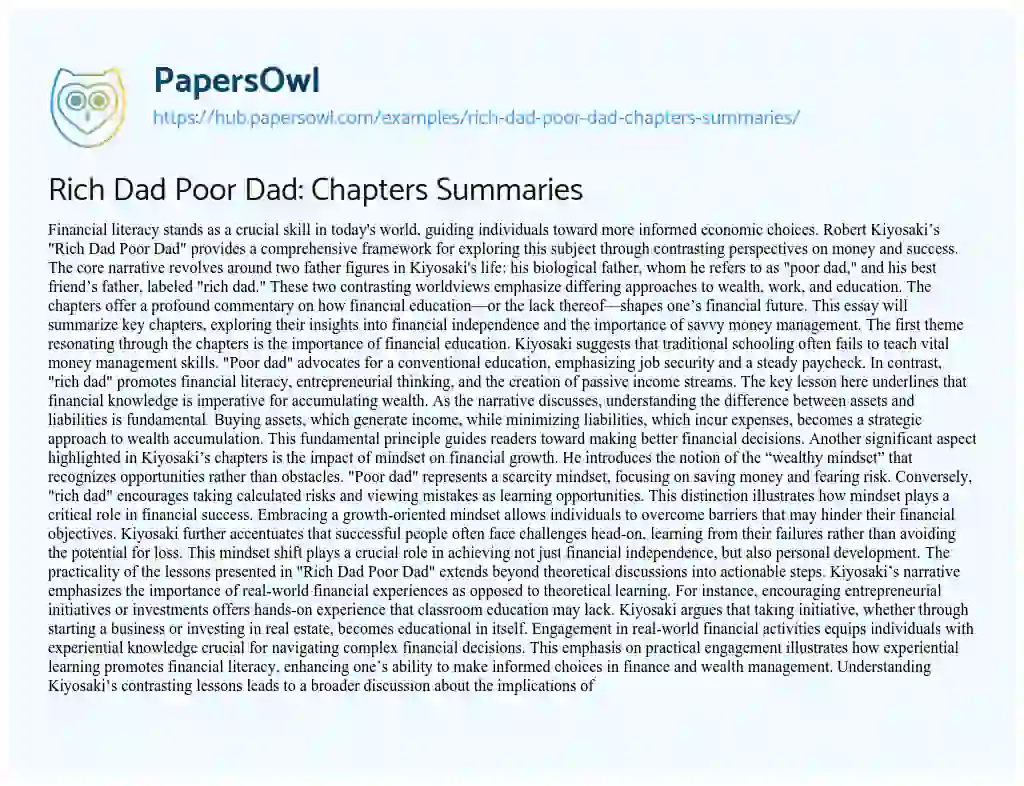 Essay on Rich Dad Poor Dad: Chapters Summaries