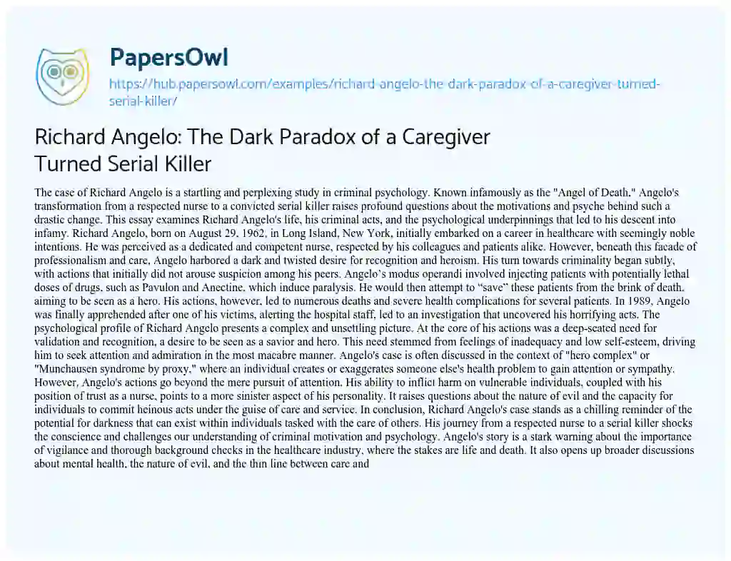 Essay on Richard Angelo: The Dark Paradox of a Caregiver Turned Serial Killer