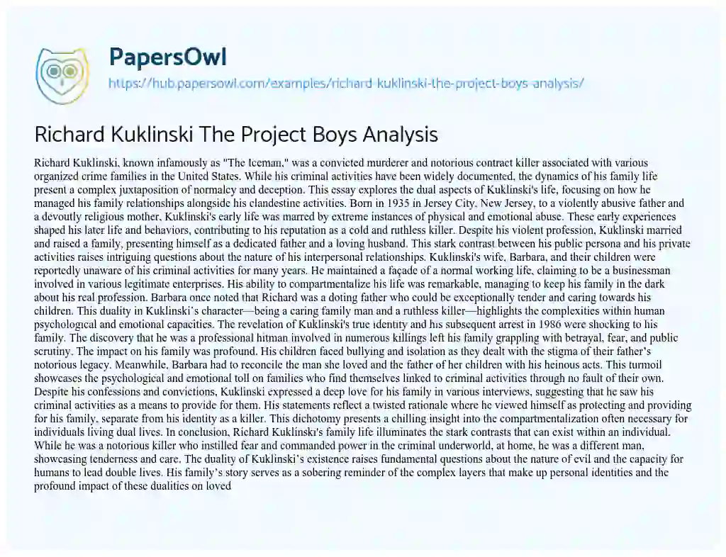 Essay on Richard Kuklinski The Project Boys Analysis