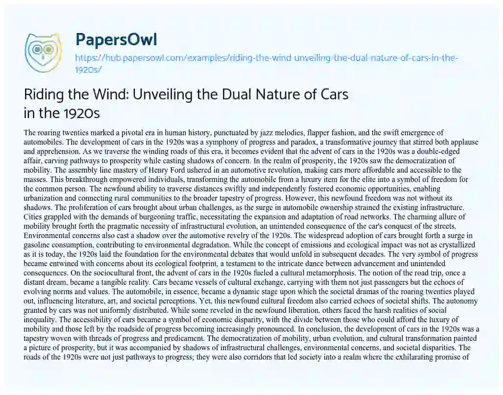 Essay on Riding the Wind: Unveiling the Dual Nature of Cars in the 1920s