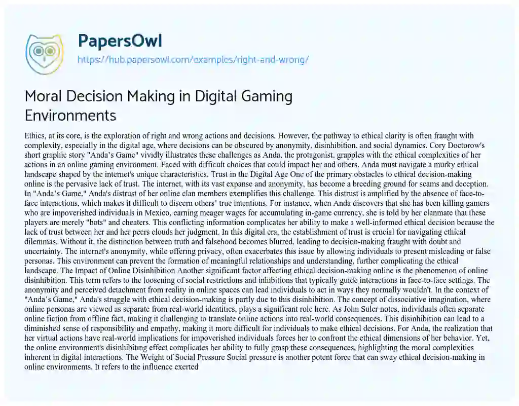 Essay on Moral Decision Making in Digital Gaming Environments