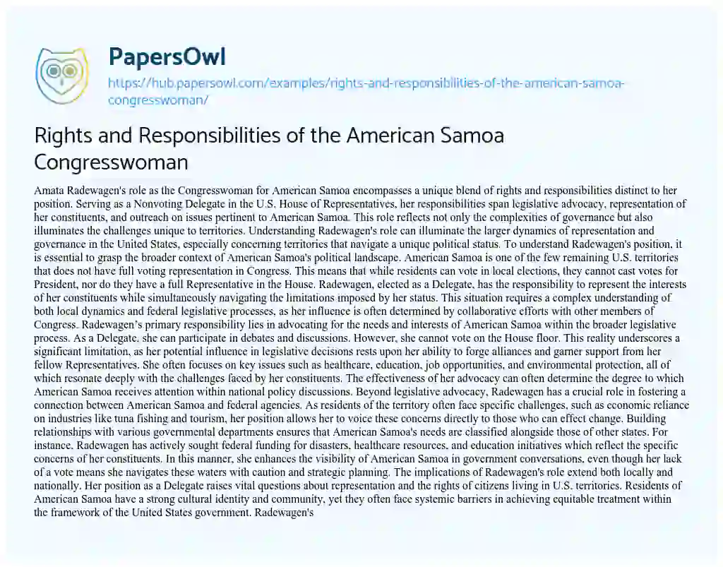 Essay on Rights and Responsibilities of the American Samoa Congresswoman