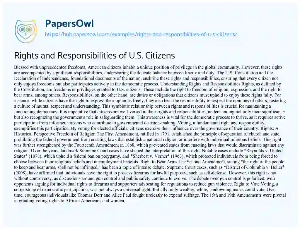 Essay on Rights and Responsibilities of U.S. Citizens