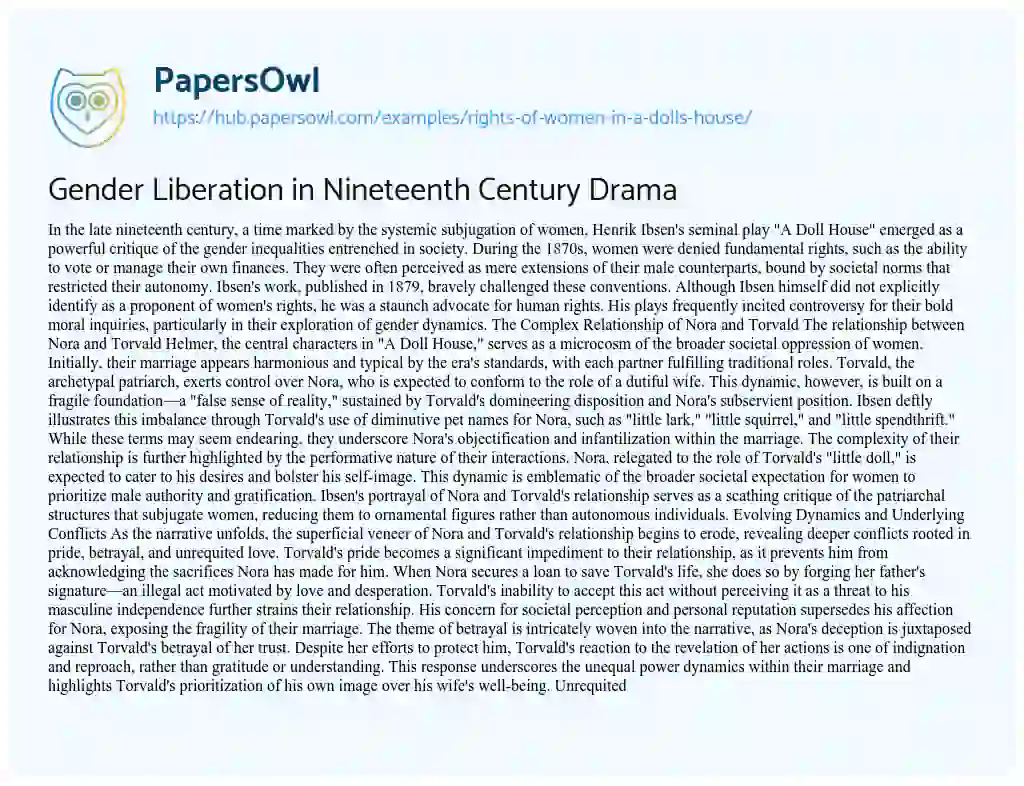 Essay on Gender Liberation in Nineteenth Century Drama