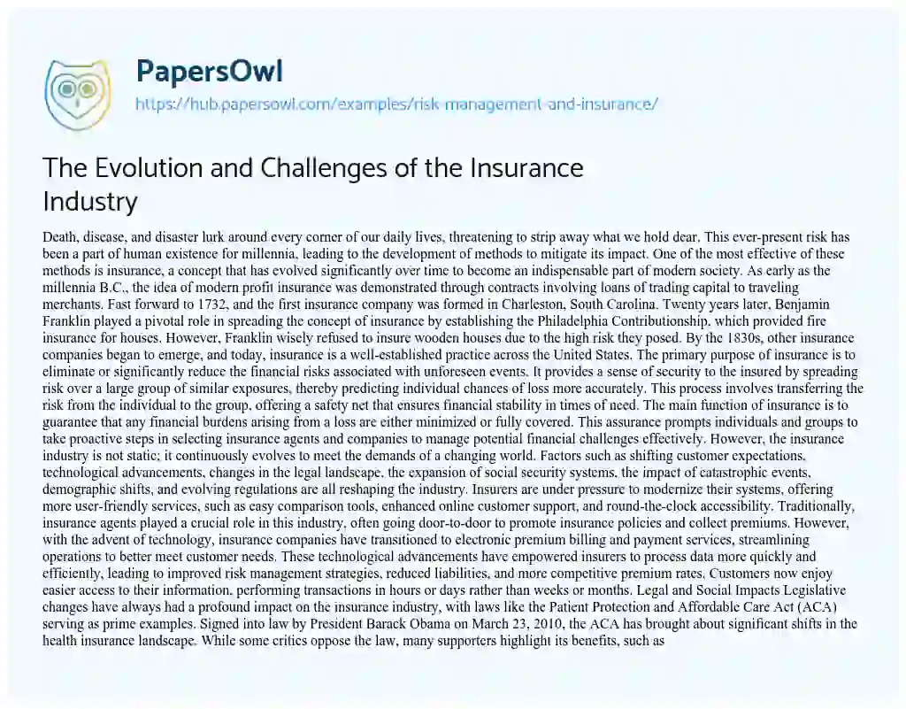 Essay on The Evolution and Challenges of the Insurance Industry