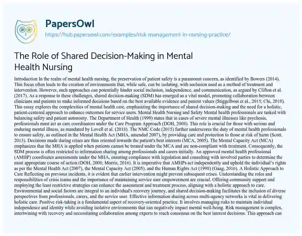 Essay on The Role of Shared Decision-Making in Mental Health Nursing
