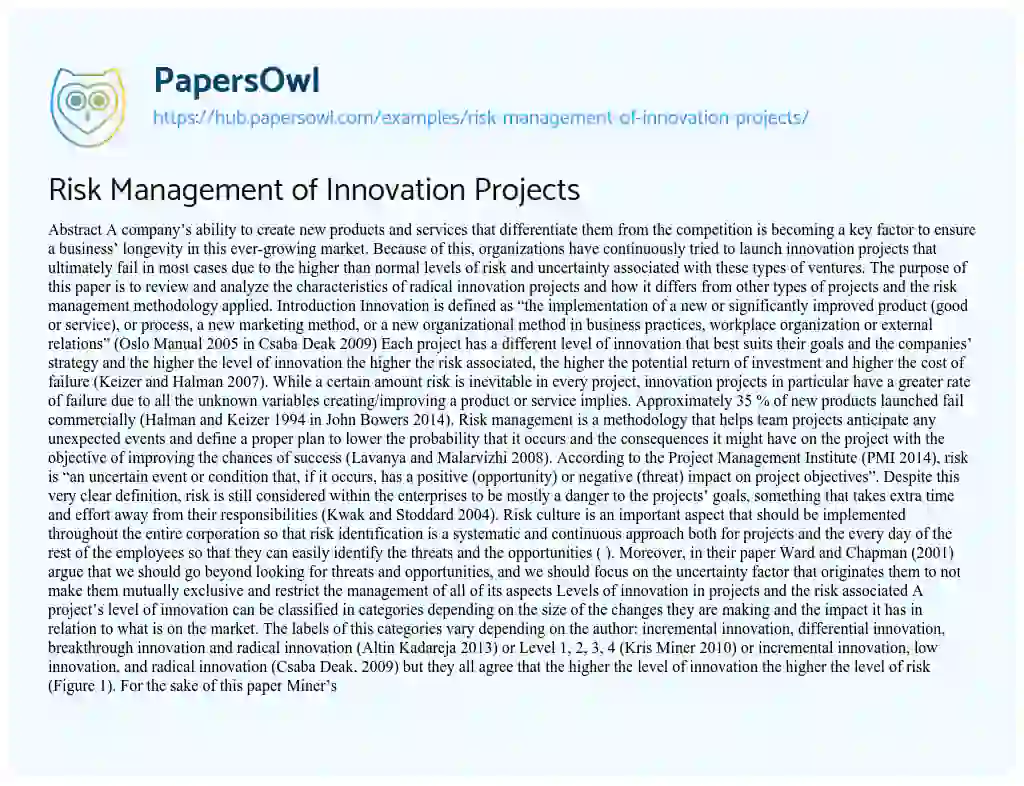 Essay on Risk Management of Innovation Projects