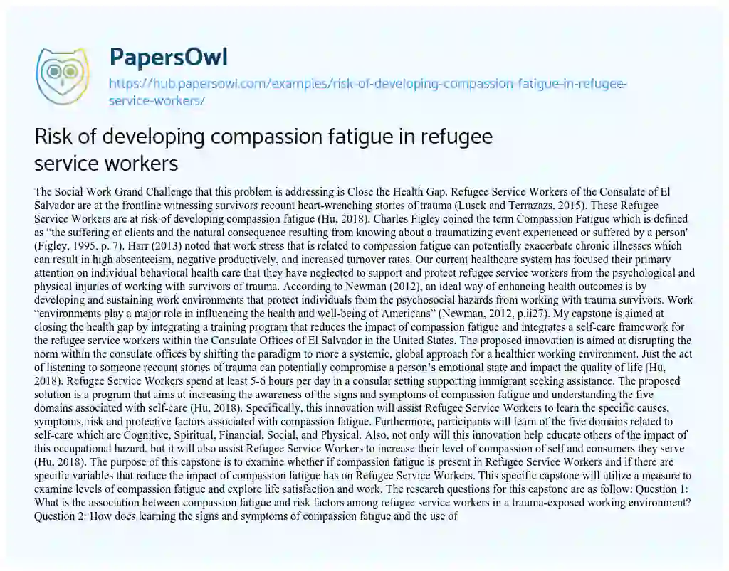 Essay on Risk of developing compassion fatigue in refugee service workers
