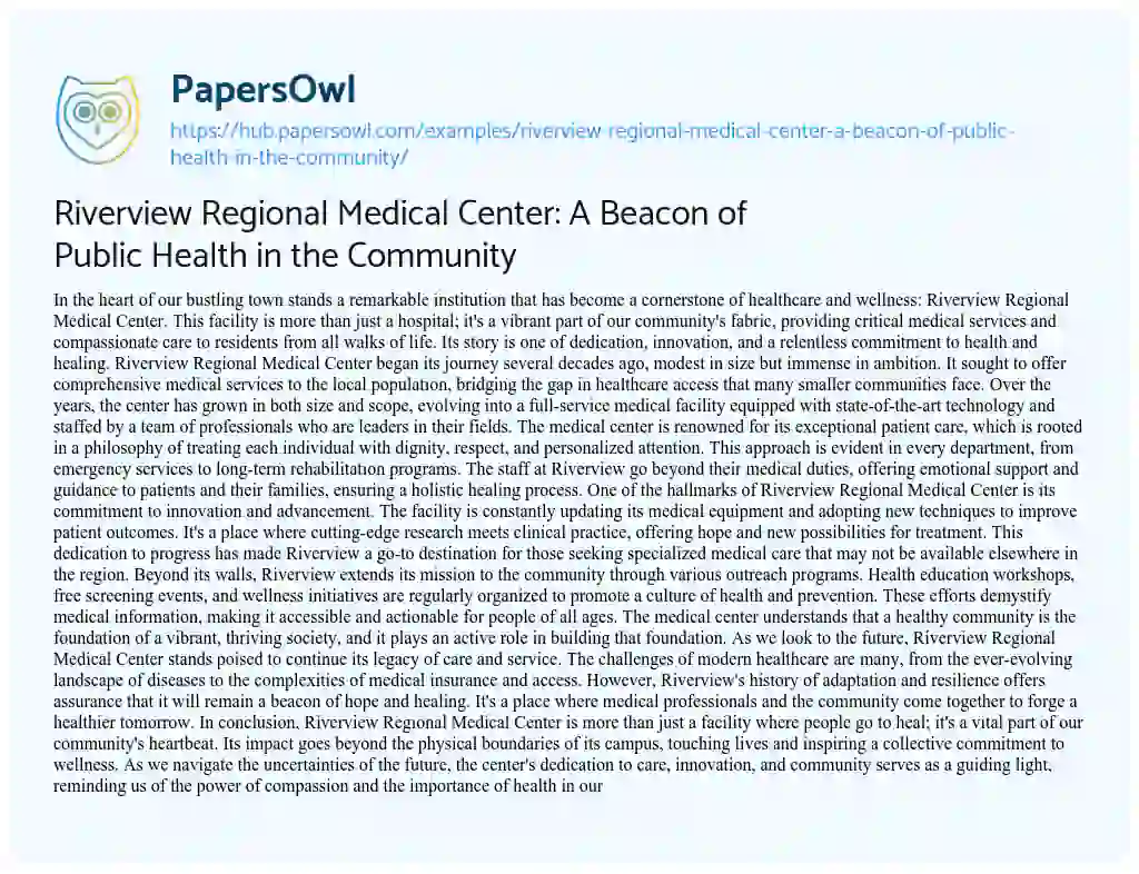Essay on Riverview Regional Medical Center: A Beacon of Public Health in the Community