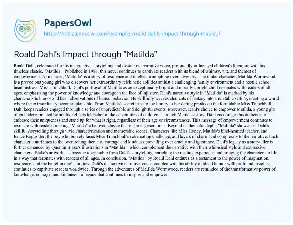 Essay on Roald Dahl’s Impact through “Matilda”