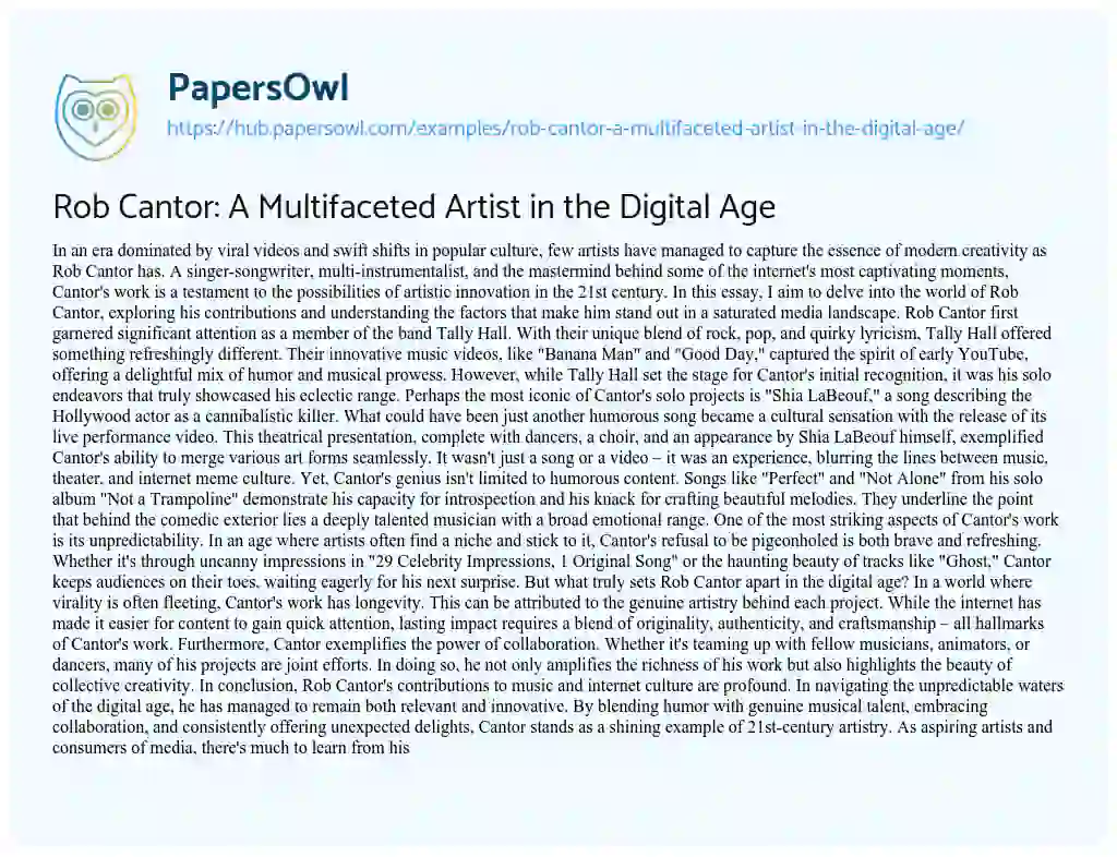 Essay on Rob Cantor: A Multifaceted Artist in the Digital Age