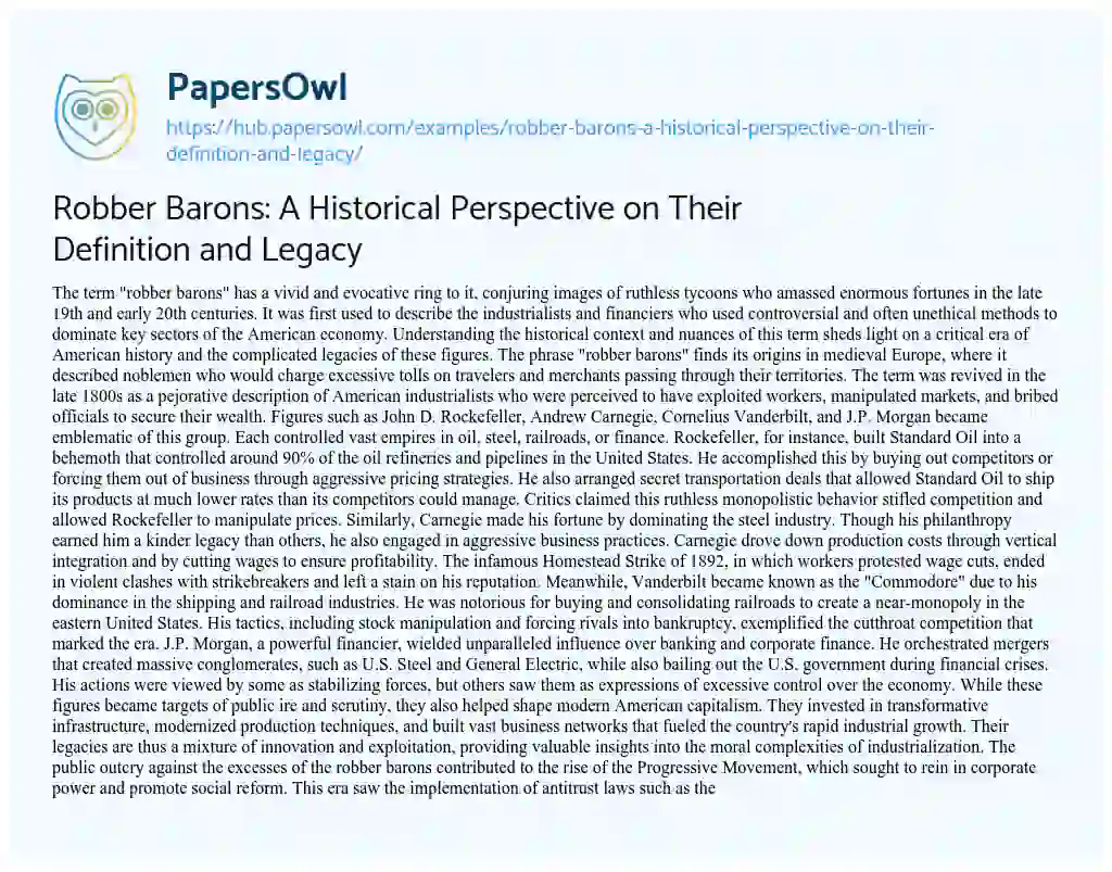 Essay on Robber Barons: A Historical Perspective on Their Definition and Legacy