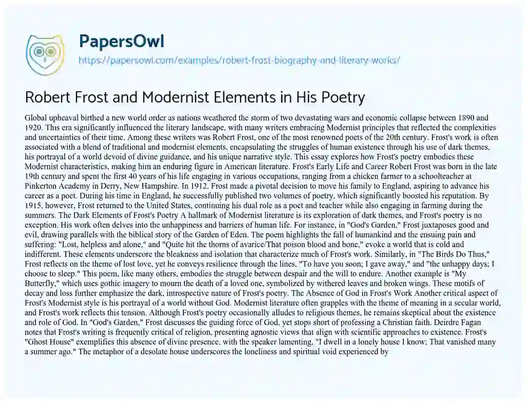 Essay on Robert Frost and Modernist Elements in His Poetry