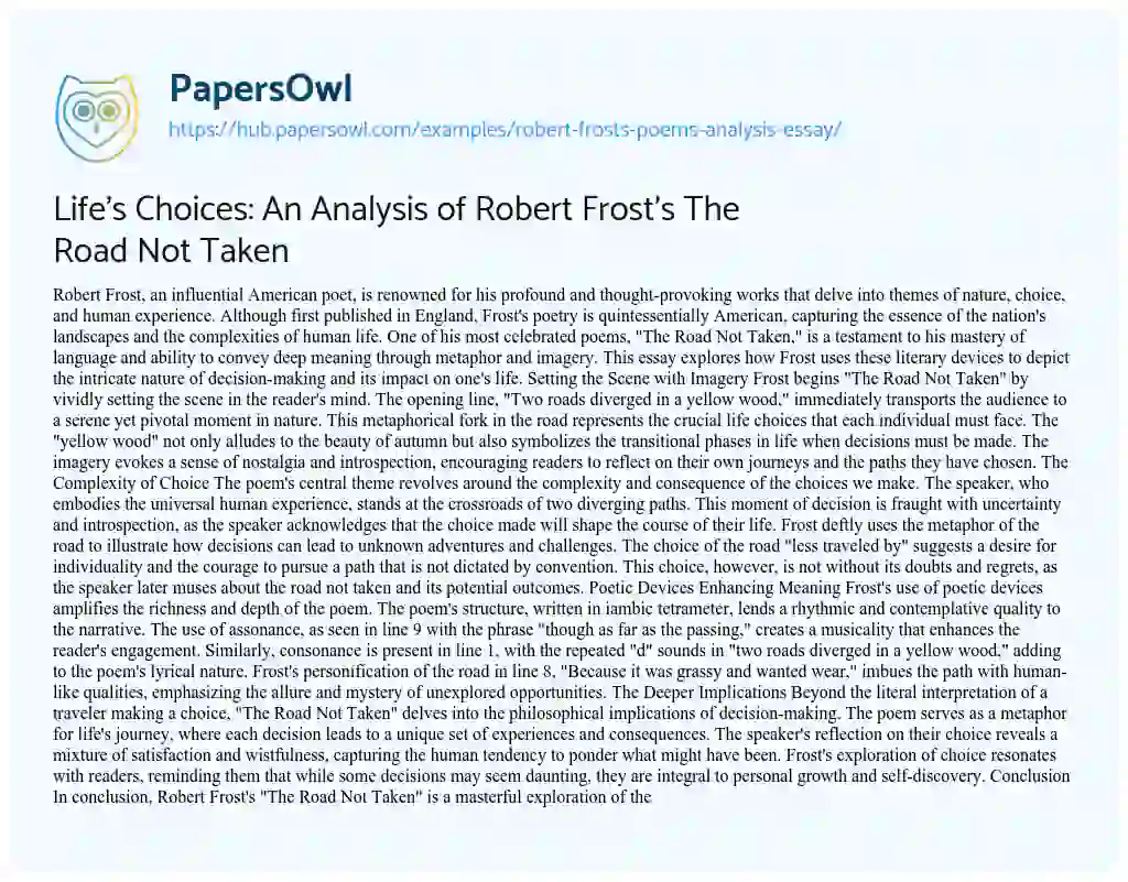 Essay on Life’s Choices: An Analysis of Robert Frost’s The Road Not Taken