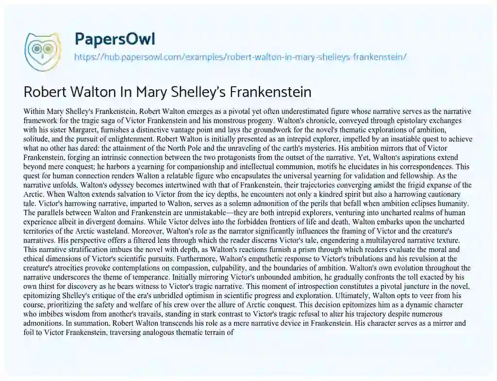 Essay on Robert Walton In Mary Shelley’s Frankenstein