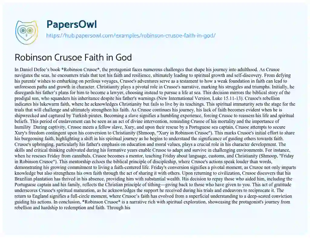 Essay on Robinson Crusoe Faith in God