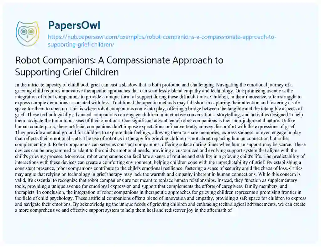 Essay on Robot Companions: A Compassionate Approach to Supporting Grief Children