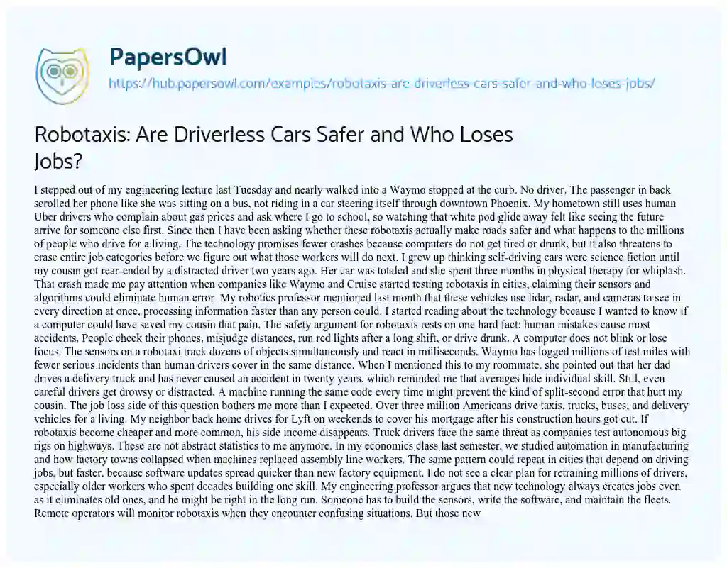 Essay on Robotaxis: Are Driverless Cars Safer and Who Loses Jobs?