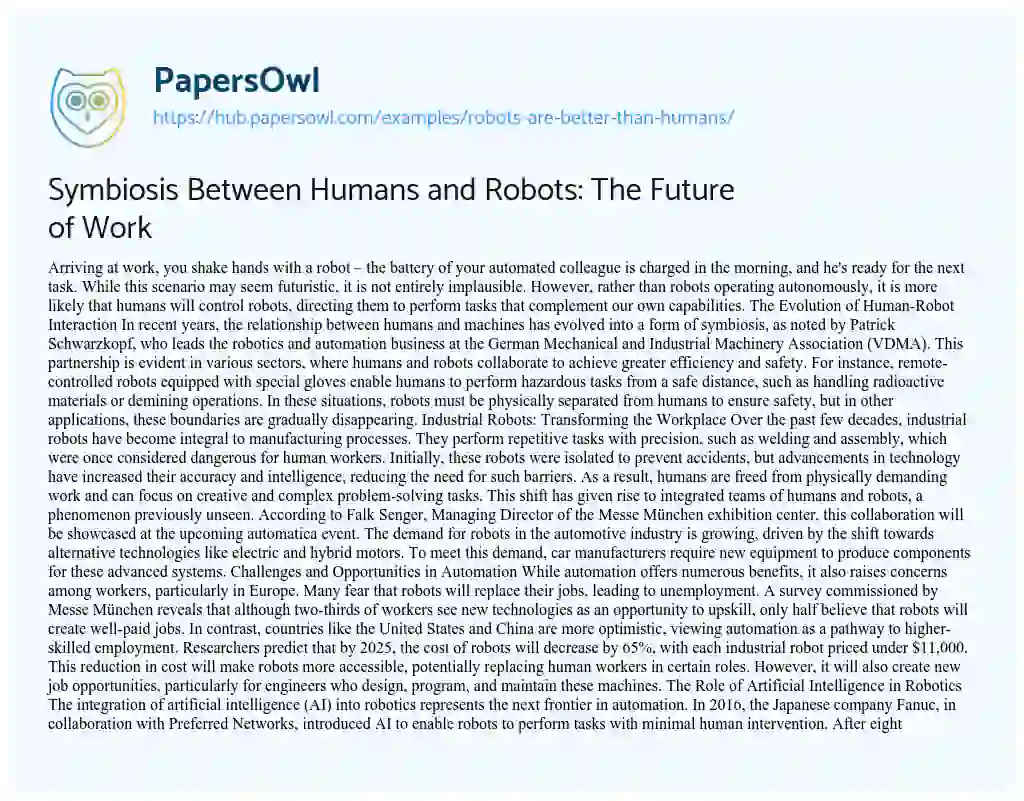 Essay on Symbiosis Between Humans and Robots: The Future of Work