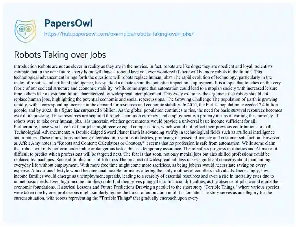 Essay on Robots Taking over Jobs