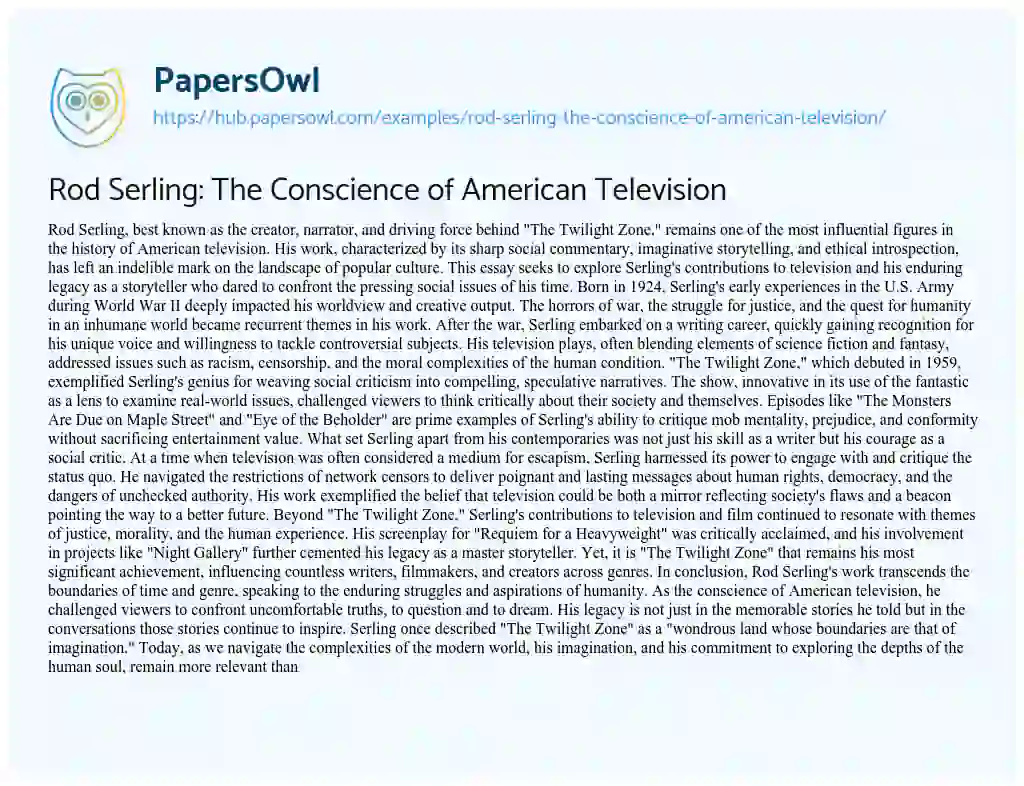 Essay on Rod Serling: The Conscience of American Television