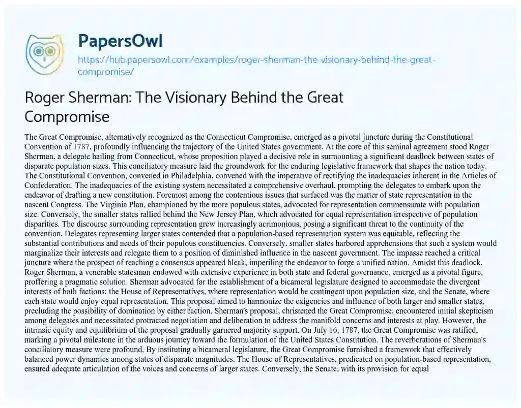 Essay on Roger Sherman: The Visionary Behind the Great Compromise