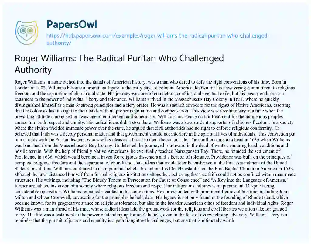 Essay on Roger Williams: The Radical Puritan Who Challenged Authority