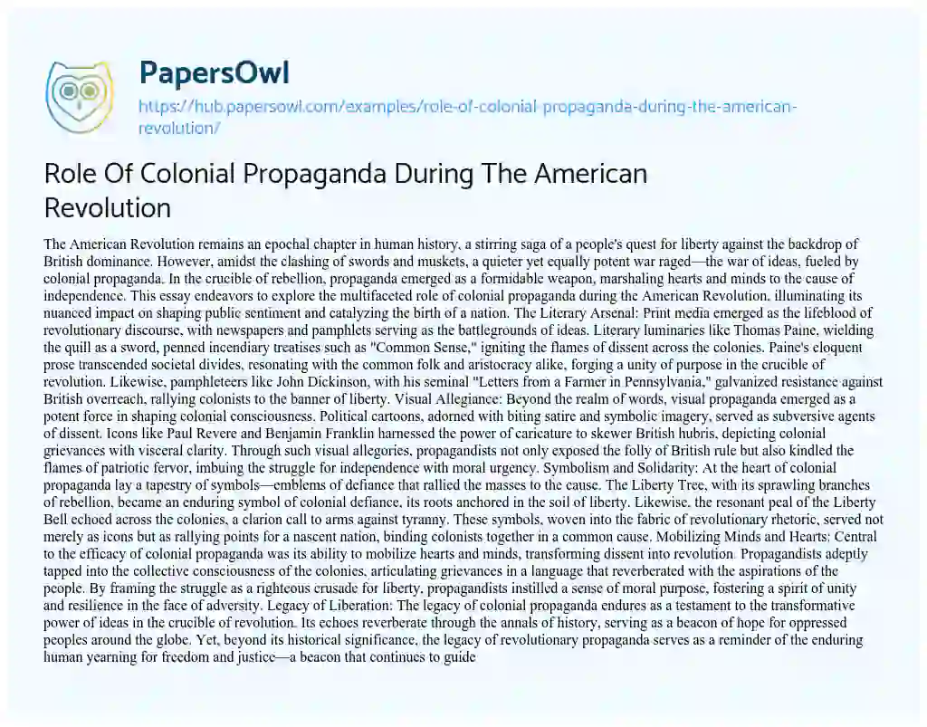Essay on Role Of Colonial Propaganda During The American Revolution
