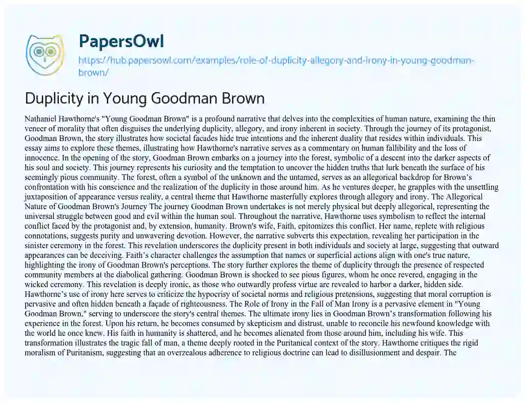 Essay on Duplicity in Young Goodman Brown