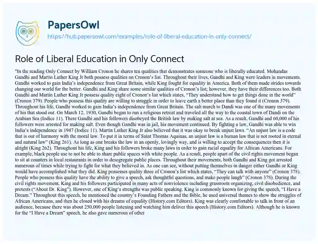 Essay on Role of Liberal Education in Only Connect