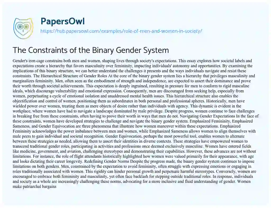 Essay on The Constraints of the Binary Gender System