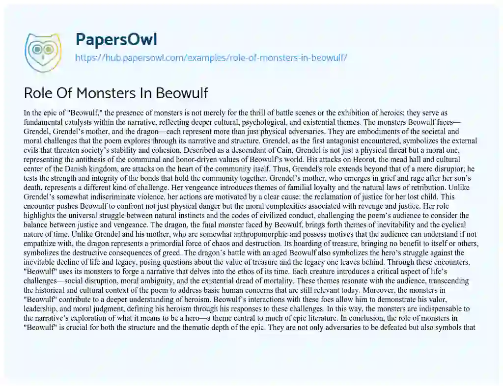 Essay on Role Of Monsters In Beowulf