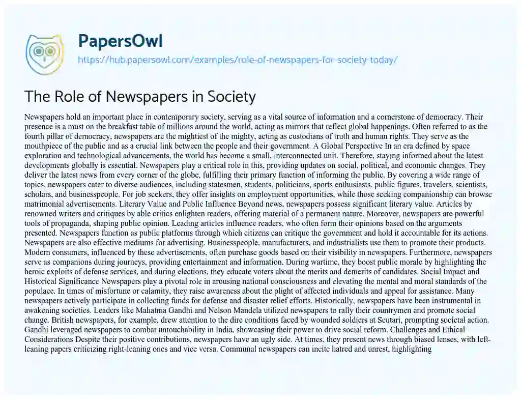 Essay on The Role of Newspapers in Society