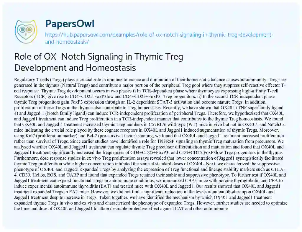 Essay on Role of OX -Notch Signaling in Thymic Treg Development and Homeostasis