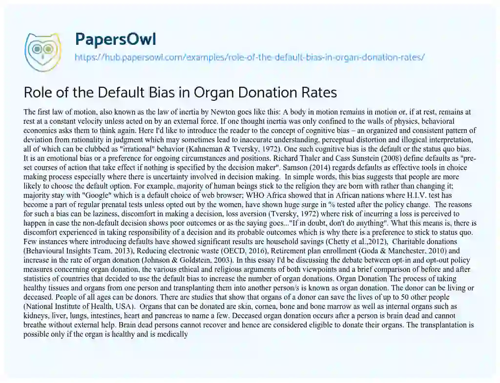 Essay on Role of the Default Bias in Organ Donation Rates
