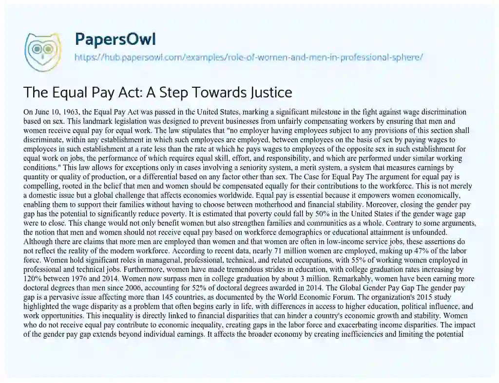 Essay on The Equal Pay Act: A Step Towards Justice