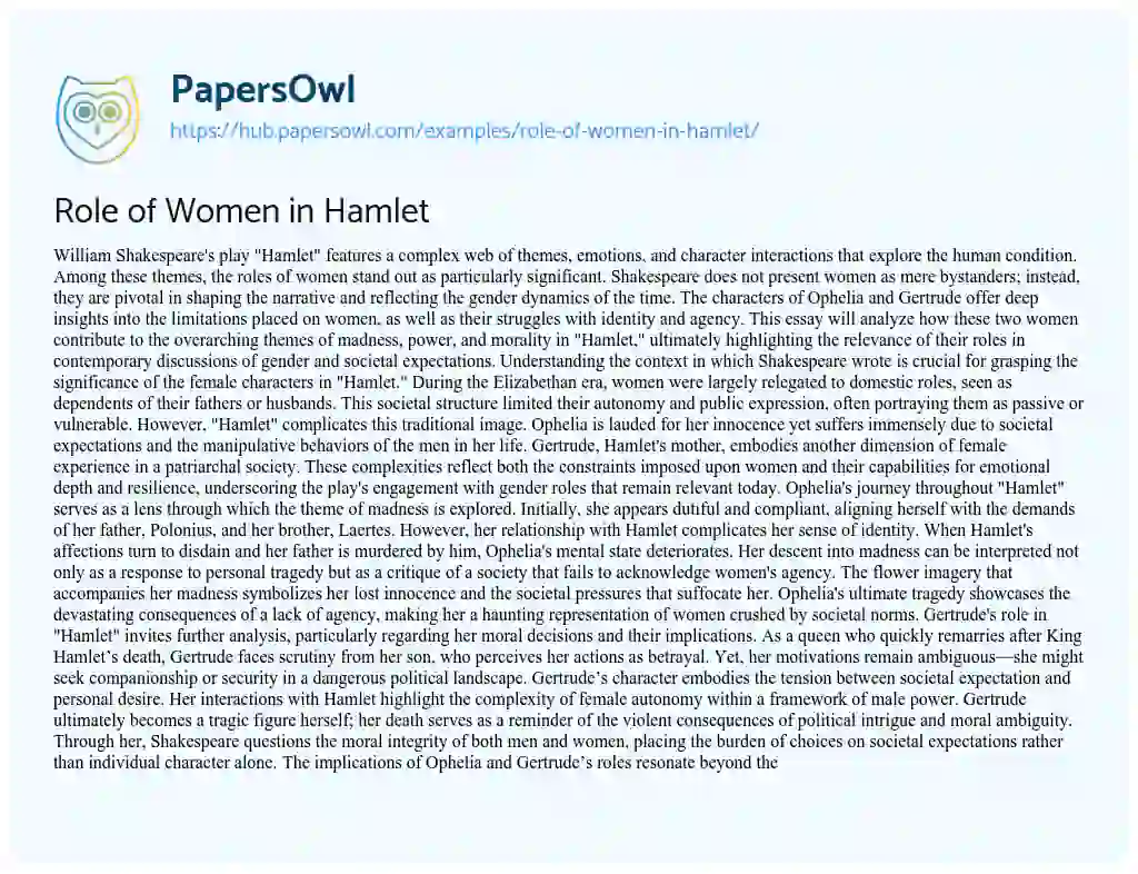 Essay on Role of Women in Hamlet