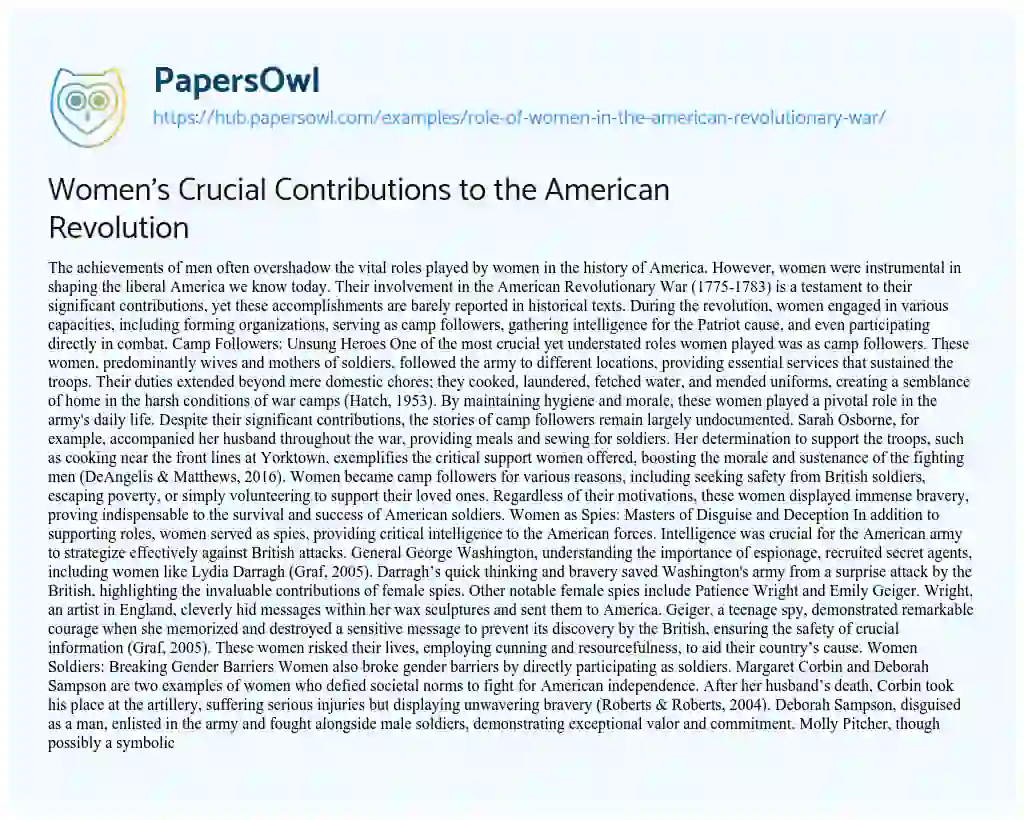 Essay on Women’s Crucial Contributions to the American Revolution