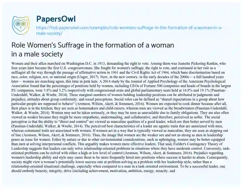Essay on Role Women’s Suffrage in the formation of a woman in a male society