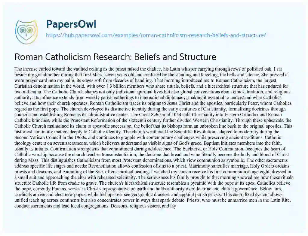 Essay on Roman Catholicism Research: Beliefs and Structure