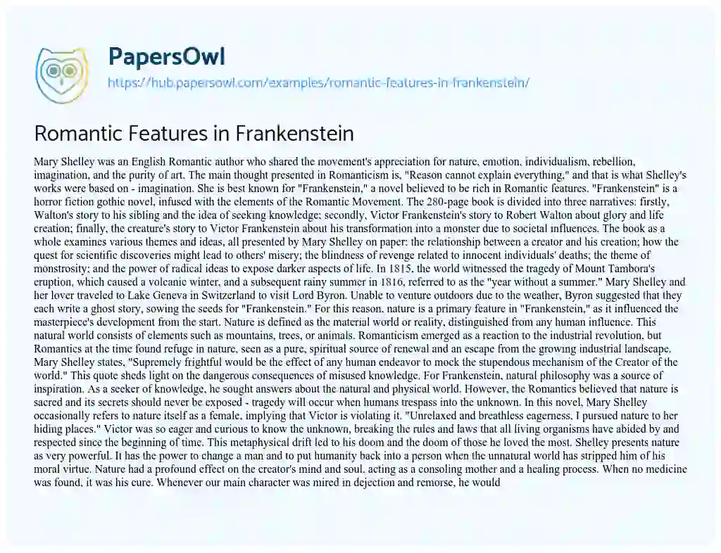 Essay on Romantic Features in Frankenstein