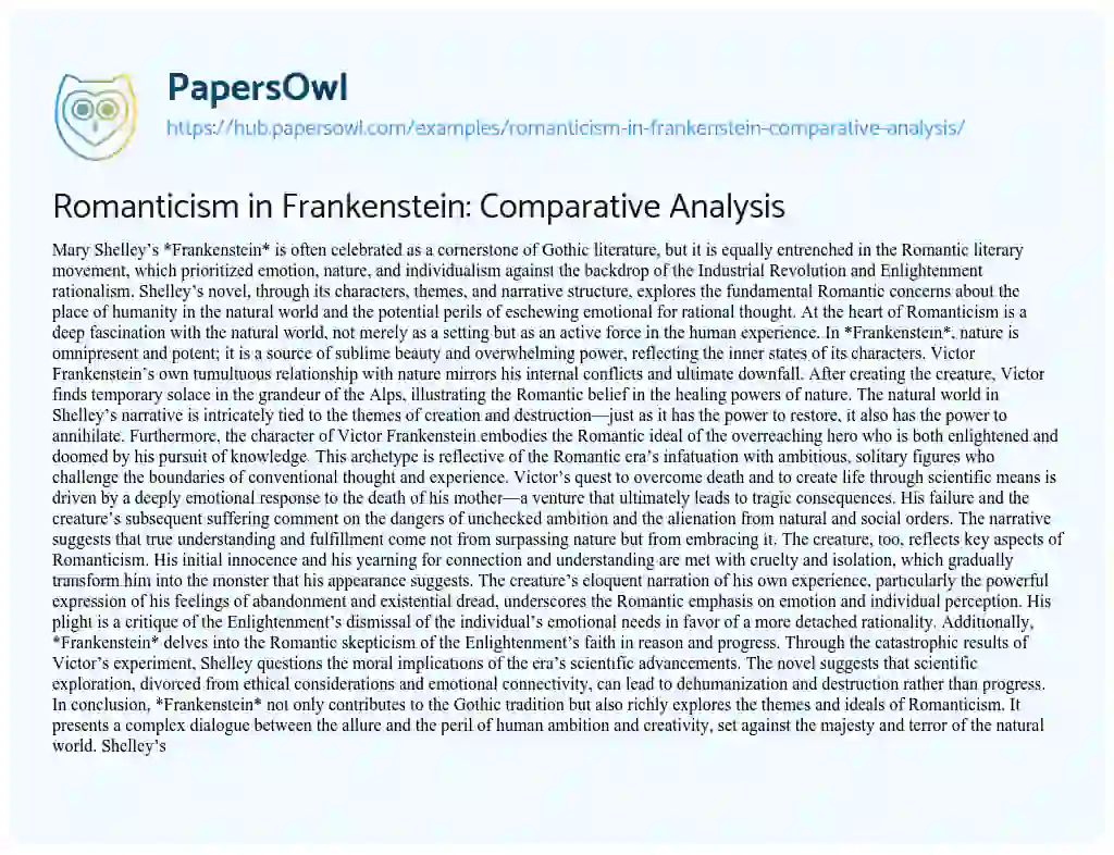 Essay on Romanticism in Frankenstein: Comparative Analysis