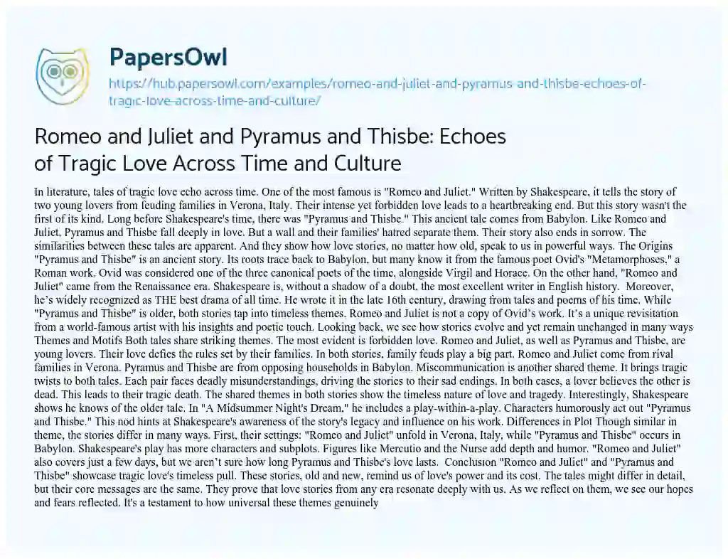 Essay on Romeo and Juliet and Pyramus and Thisbe: Echoes of Tragic Love Across Time and Culture