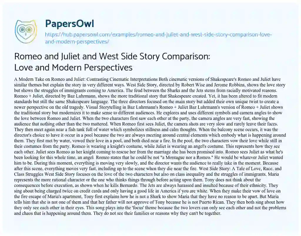 Essay on Romeo and Juliet and West Side Story Comparison: Love and Modern Perspectives