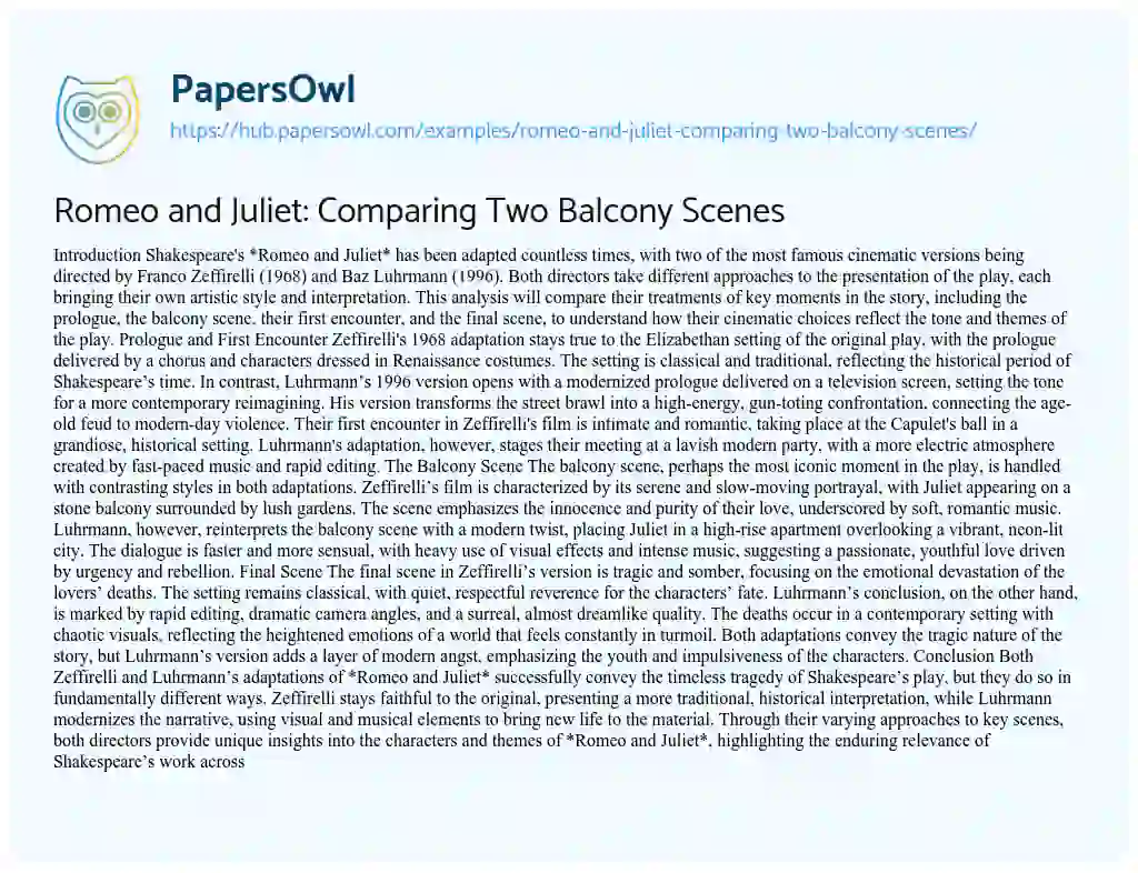 Essay on Romeo and Juliet: Comparing Two Balcony Scenes