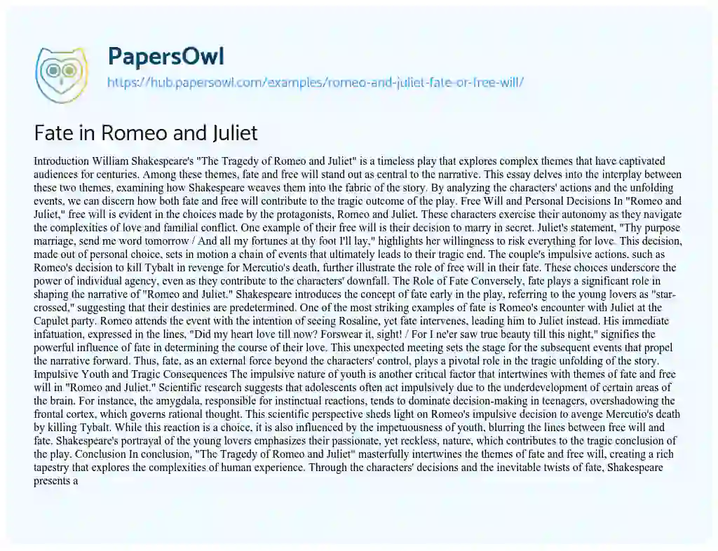 Essay on Fate in Romeo and Juliet