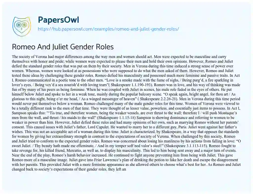 Essay on Romeo And Juliet Gender Roles