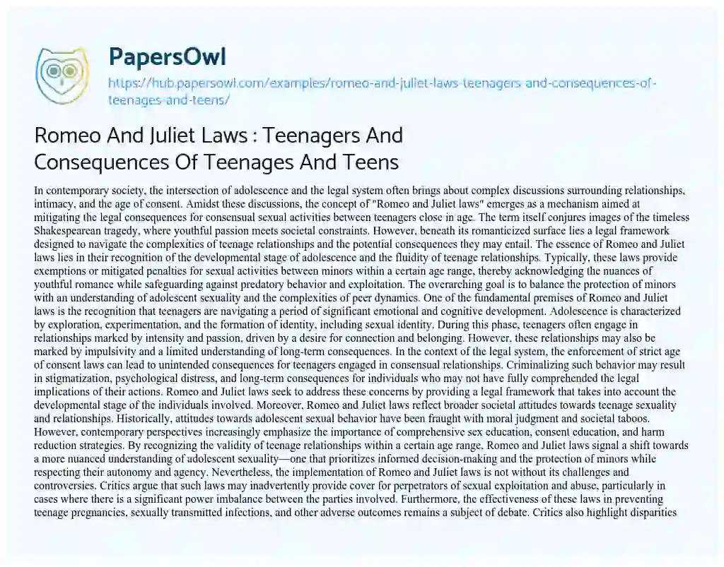 Essay on Romeo And Juliet Laws : Teenagers And Consequences Of Teenages And Teens