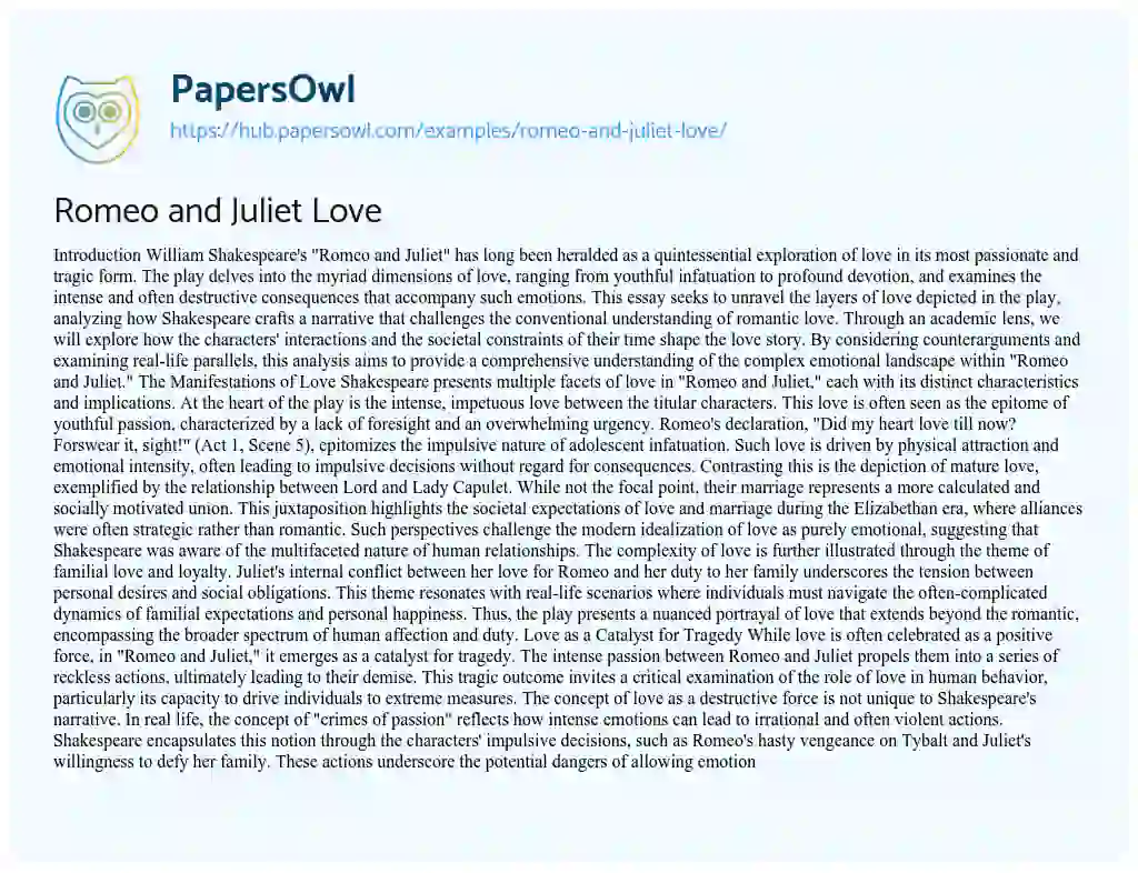 Essay on Romeo and Juliet Love